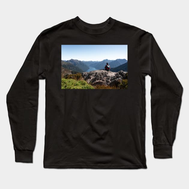 Resting During the Hike with Mountain view on Kepler Track Long Sleeve T-Shirt by Danny Wanders